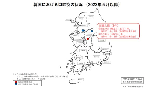 韓国で4年ぶりに口蹄疫発生　４農場で確認　農水省が都道府県に防疫対策徹底を通知