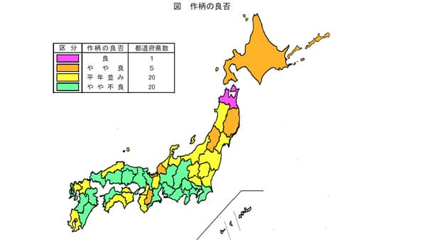 「平年並み」20府県　「やや不良」20都府県－8月15日現在の作柄概況