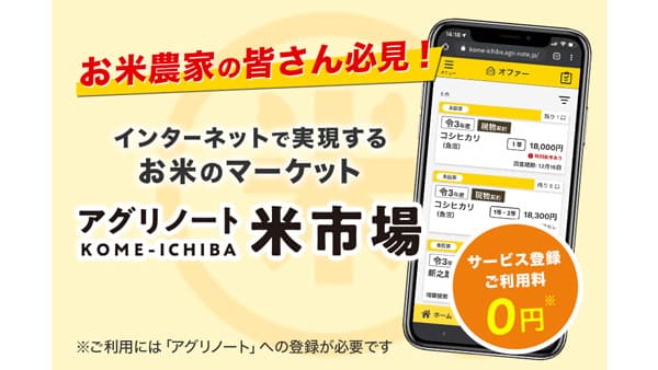 「アグリノート米市場」約35俵からの小口取引対応を開始　ウォーターセル