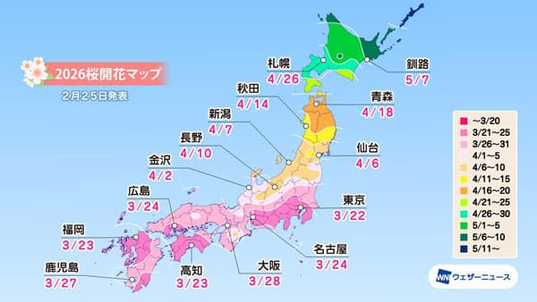 桜開花は3月22日東京から　西・東日本は平年並、北日本で早い予想　ウェザーニューズ