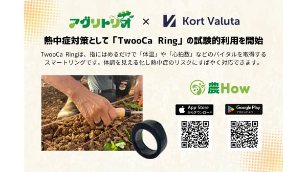 農業従事者向け熱中症対策「TwooCa Ring」試験的利用を開始　アグリトリオ