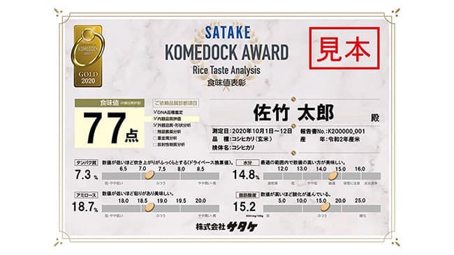 コメドック分析米の食味値表彰制度を新設　サタケ