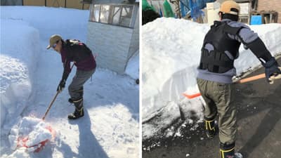 雪かきの掘る、持ち上げ作業を支えるアシストスーツ　リターン追加　ダイヤ工業
