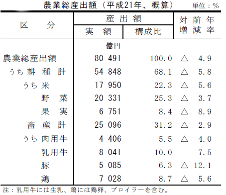 平成21年　農業総産出額