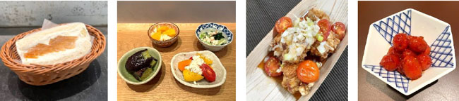 左から、みのりカフェで提供する「次郎柿のフルーツサンド」（600円・税込） 豊橋産食材の各種惣菜。定食のセットメニューとして提供（みのる食堂） みのりみのるチキンで提供する「めぐりとまとの油淋鶏」（594円・税込） 和牛とごはん焼肉じゅんで提供する「トマトキムチ」（429円・税込）