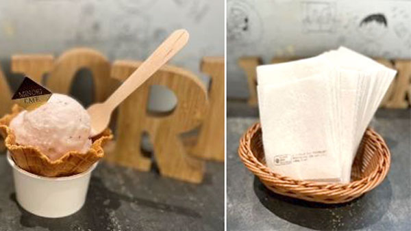 木製ジェラートスプーン・コーヒー豆の焙煎工程で排出されるシルバースキン（コーヒー豆皮）を配合した紙ナプキン