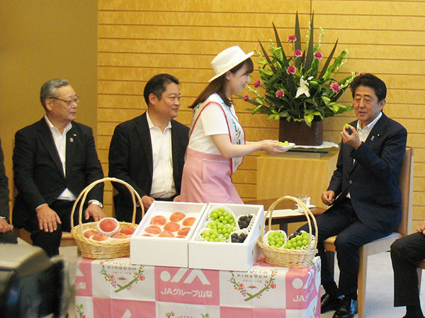 山梨のフルーツレディーら首相官邸を訪問　県産果物をＰＲ