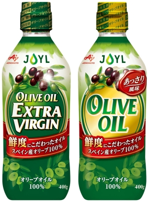 JOYL「AJINOMOTO オリーブオイルエクストラバージン」400g瓶（左）とJOYL「AJINOMOTO オリーブオイル」400g瓶（右）