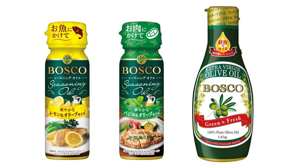 料理に使用した商品 左）BOSCOシーズニングオイル レモン＆オリーブオイル、中央）BOSCOシーズニングオイル バジル＆オリーブオイル、右）BOSCOエキストラバージンオリーブオイル