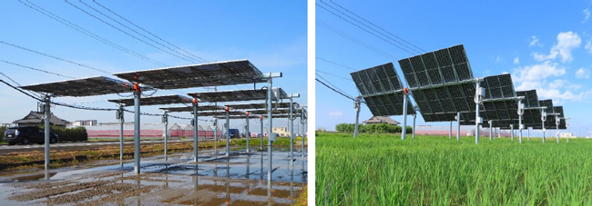 実証圃場に設置した太陽光発電設備。4月上旬の田植え前の実証圃場（左）と田植え後の実証圃場（6月中旬）