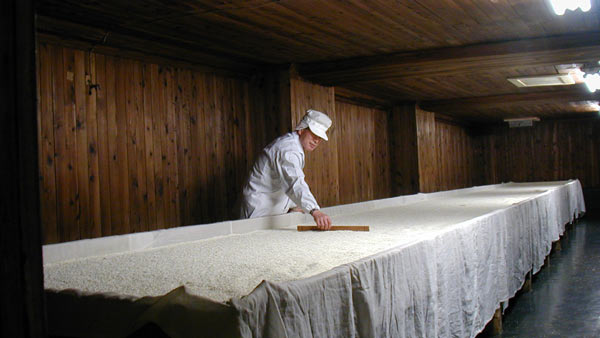 丸久味噌の麹室で丁寧に作られる米こうじ