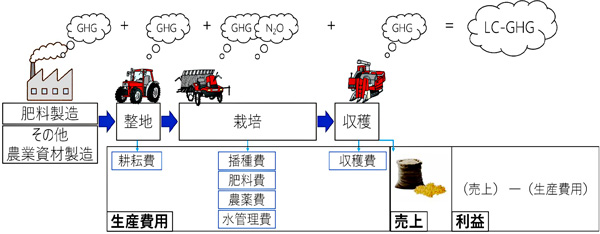 図1：農家データを用いたライフサイクル温室効果ガスと農家利益の計算の概念図