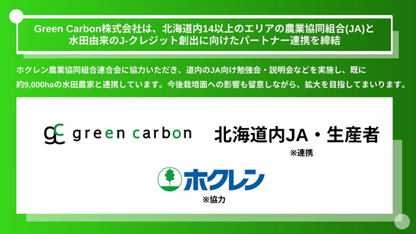 水田由来J-クレジット創出へ　北海道14ＪＡとパートナー連携締結　GreenCarbon.jpg