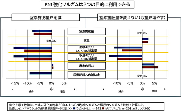 図2：BNI強化ソルガムが窒素施肥量、収量、面積・収量当たりLC-GHG排出、農家の利益、肥料補助金へ及ぼす影響