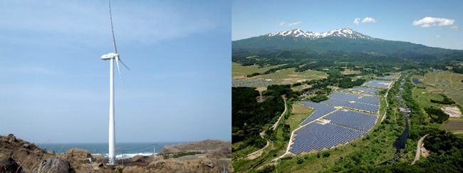 生活クラブ風車「夢風」（秋田県）（左）と庄内・遊佐太陽光発電所（山形県）。いずれも生活クラブが出資した発電所