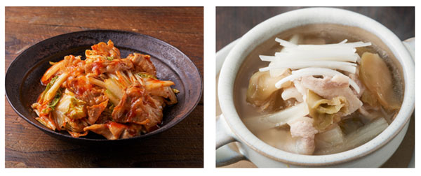 豚キムチ（左）と豚肉と白菜のザーサイスープ