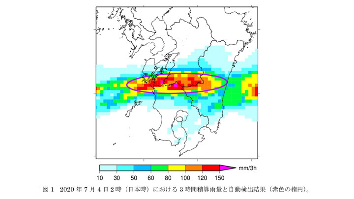 2020年7月4日2時（日本時）における3時間積算雨量と自動検出結果（紫色の楕円）