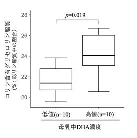 母乳中のDHA濃度とコリン含有グリセロリン脂質（論文より改変して引用、作図）