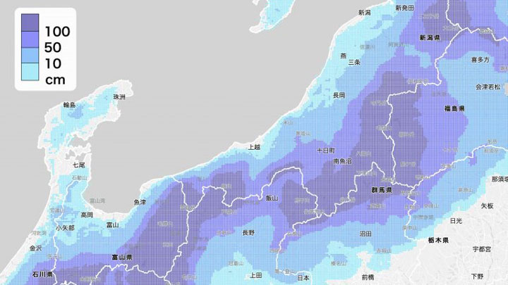 1kmメッシュの積雪予報のイメージ＜2021年12月20日9時の予報（18日5時時点）＞