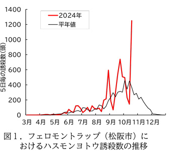 図1：フェロモントラップ（松阪市）におけるハスモンヨトウ誘殺数の推移