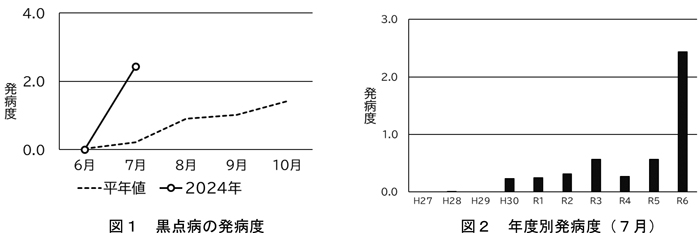 図1：黒点病の発病度、図2：年度別発病度（7月）