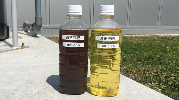 通常液肥（左）と濃縮バイオ液肥。濃縮バイオ液肥は懸濁物質の除去で透明度が増し、 さらに電気透析で肥料成分が濃縮されている