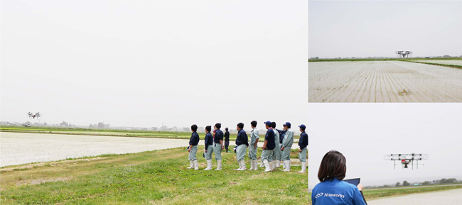 宮城県登米総合産業高校でドローンによるスマート農業　授業で実演　ナイルワークス
