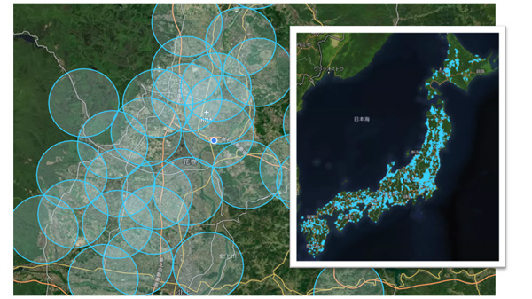 全国に整備された通信エリア （平野部の場合1台で半径約3kmをカバー）