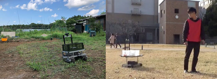 仙台高等専門学生 の渡邊さん（右）が開発したブドウ農家向けの除草剤散布ロボット