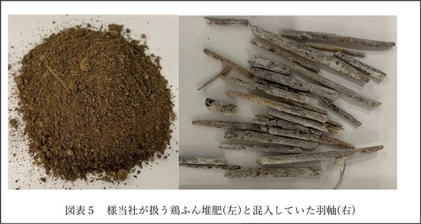 図表５　様当社が扱う鶏ふん堆肥(左)と混入していた羽軸(右)